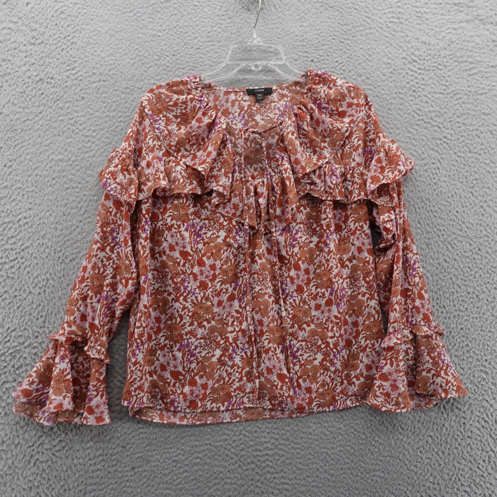 J Crew Ruffle Crinkle Chiffon Top Blouse Women‎ XS Orange Womens Fete Floral